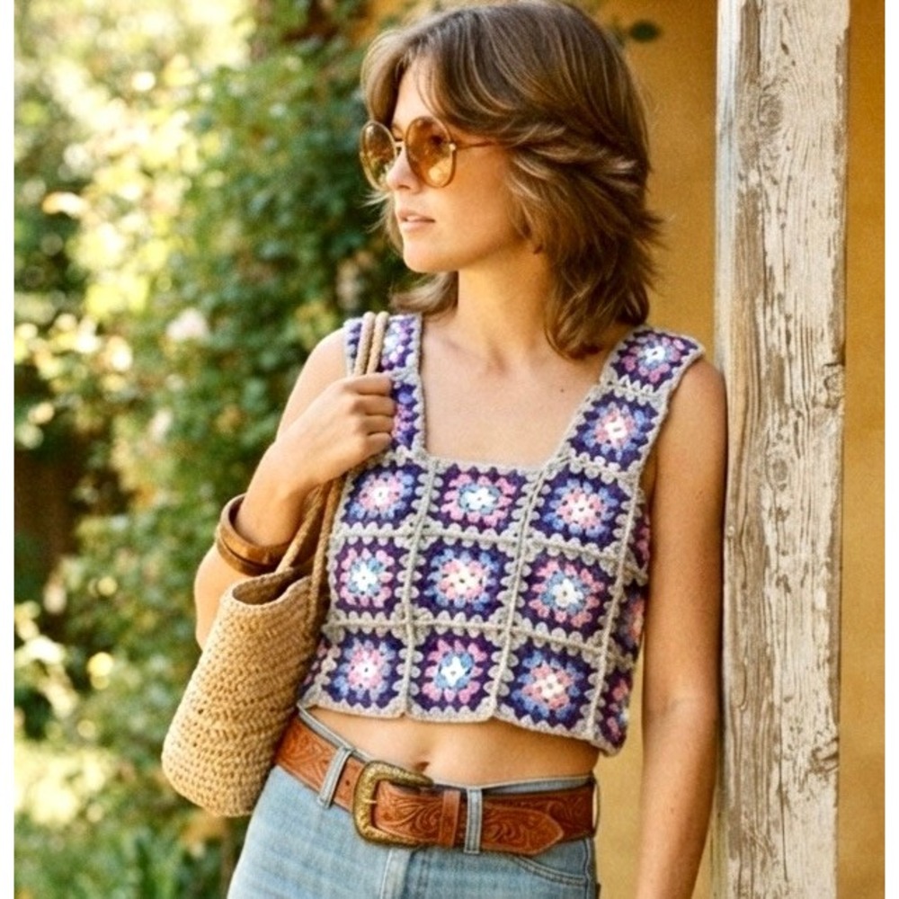 Vintage 70s Handmade Crochet Granny Square Vest Top S M Purple Pink Boho Tank